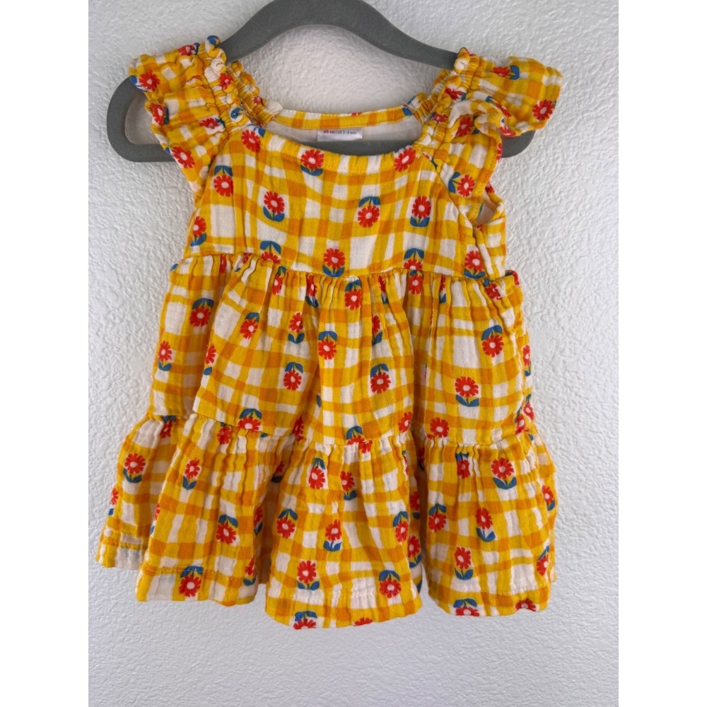 Hanna Andersson Yellow Gingham Floral Flutter Sleeve Tiered Dress 3-6 Months